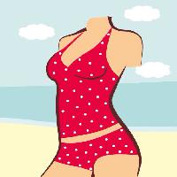 Pixwords Görüntü Kadın, beden, kırmızı, takım elbise, banyo, plaj, su, bulutlar, giysi Anvtim